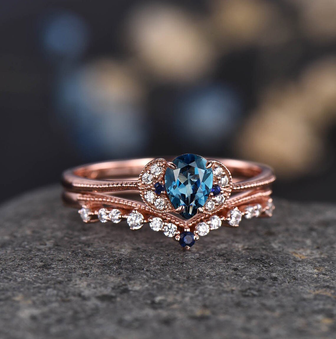 Pear Shaped Aquamarine Rose Gold Wedding Ring Set Diamond Stackable Matching Band Engagement Art Deco Ring Vintage Anniversary Gift