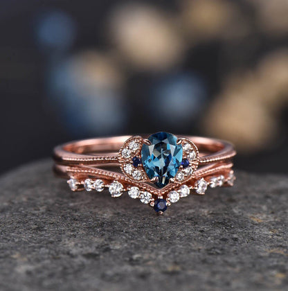 Pear Shaped Aquamarine Rose Gold Wedding Ring Set Diamond Stackable Matching Band Engagement Art Deco Ring Vintage Anniversary Gift