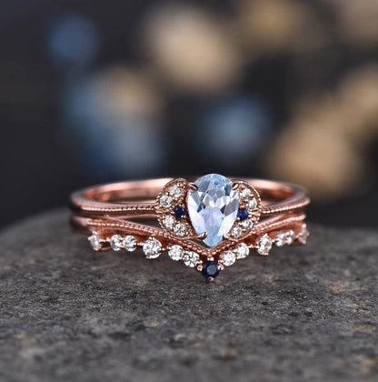 Pear Shaped Sapphire Engagement Ring Rose Gold Diamond Eternity Matching Band Blue Birthstone Bridal Anniversary Gift for Women