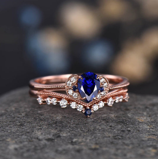 Pear Shaped Sapphire Engagement Ring Rose Gold Diamond Eternity Matching Band Blue Birthstone Bridal Anniversary Gift for Women