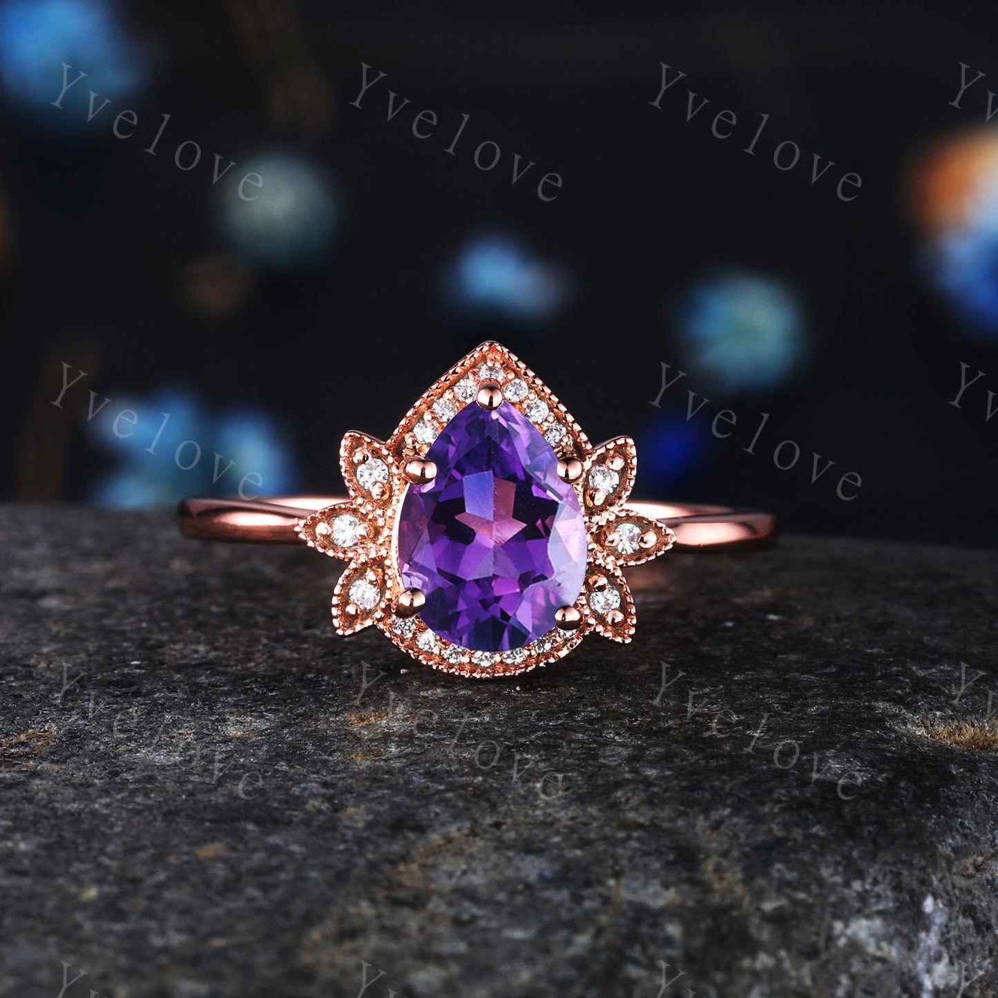8x6mm pear shaped amethyst engagement ring 14K rose gold unique flower ring