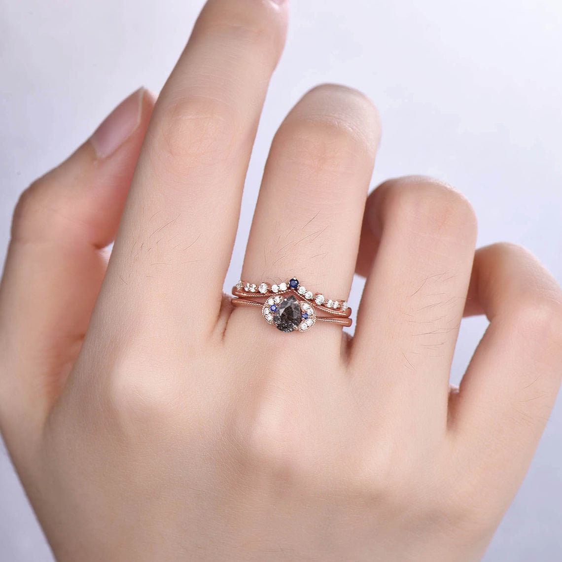 Pear Shape Black Rutilated Quartz Rose Gold Wedding Engagement Ring Set Rose Gold Diamond Eternity Band Bridal Ring Set Gift For Mom