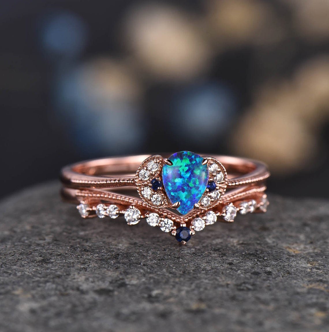 Dainty Rose Gold Blue Opal Engagement Ring Diamond Women Wedding Ring 14K/18K Bridal Promise Anniversary Gift