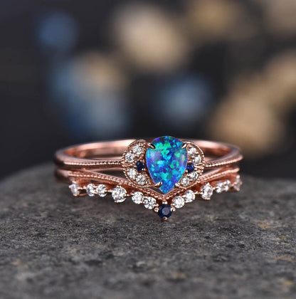 Pear Shaped Sapphire Engagement Ring Rose Gold Diamond Eternity Matching Band Blue Birthstone Bridal Anniversary Gift for Women