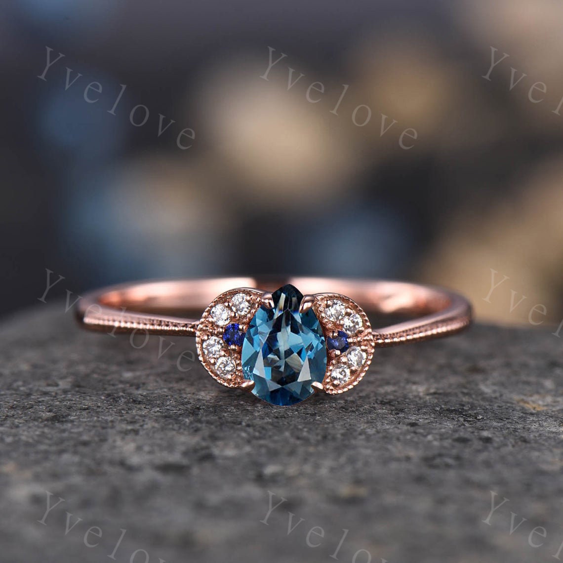 Aquamarine Rose Gold Engagement Ring Pear Shaped Aquamarine Unique Wedding Ring Art Deco Vintage Style Anniversary Gift
