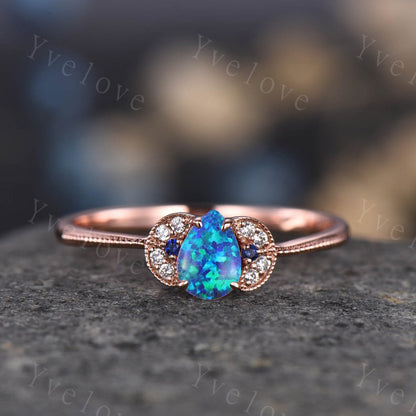 Opal Ring, Black Fire Opal Ring, Pear Black Opal Gemstone, Opal Engagement Ring, October Birthstone, Gift for Women, Unique Style