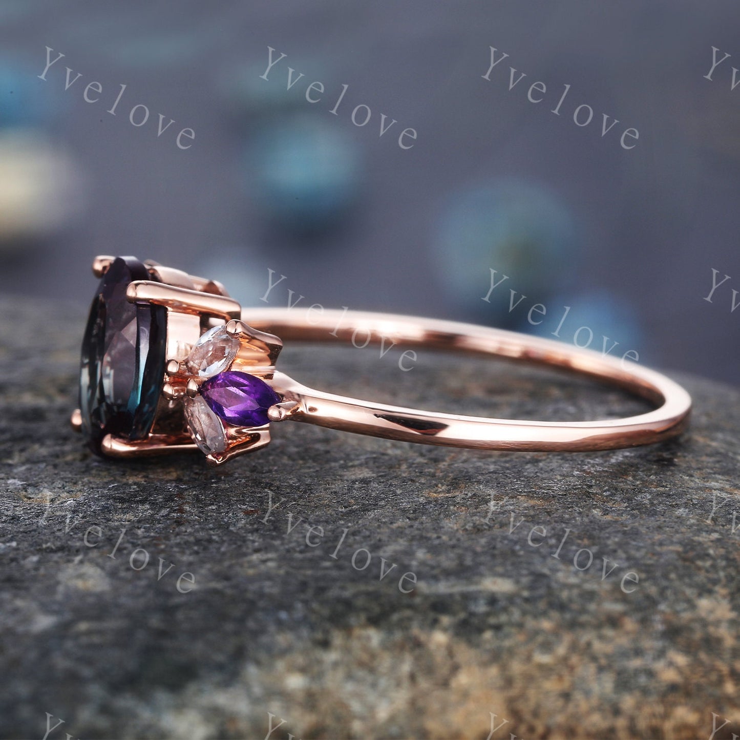 Vintage Alexandrite Engagement Ring Set 14K Rose Gold Women Moissanite Amethyst Gem Matching Band Promise Bridal Stacking Ring Gift for her