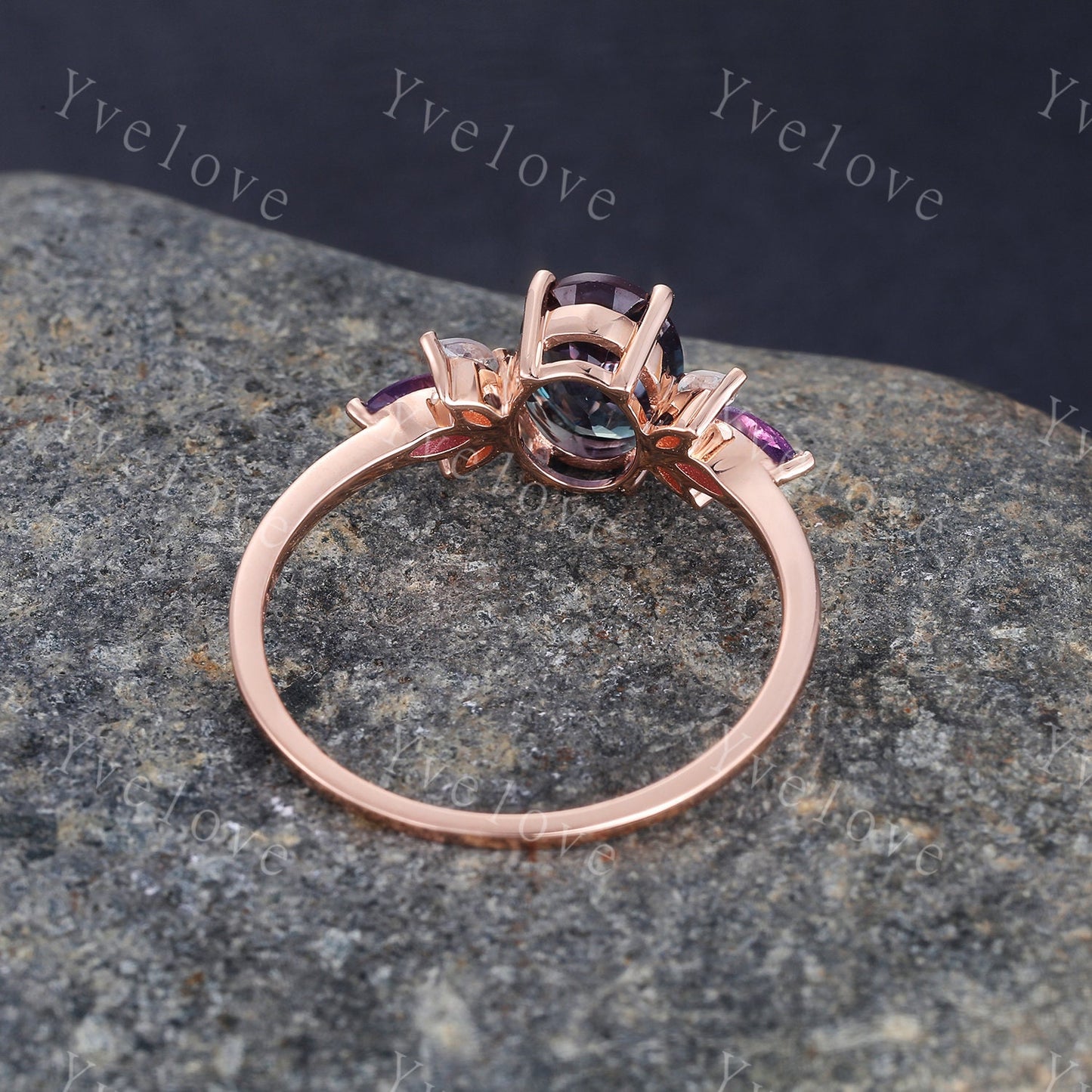Vintage Alexandrite Engagement Ring Set 14K Rose Gold Women Moissanite Amethyst Gem Matching Band Promise Bridal Stacking Ring Gift for her