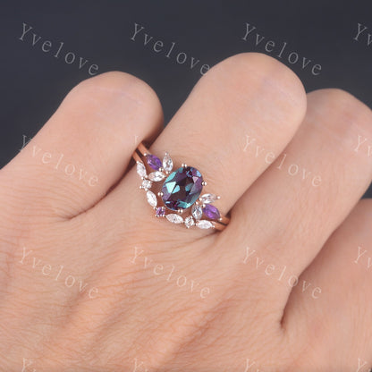 Vintage Alexandrite Engagement Ring Set 14K Rose Gold Women Moissanite Amethyst Gem Matching Band Promise Bridal Stacking Ring Gift for her