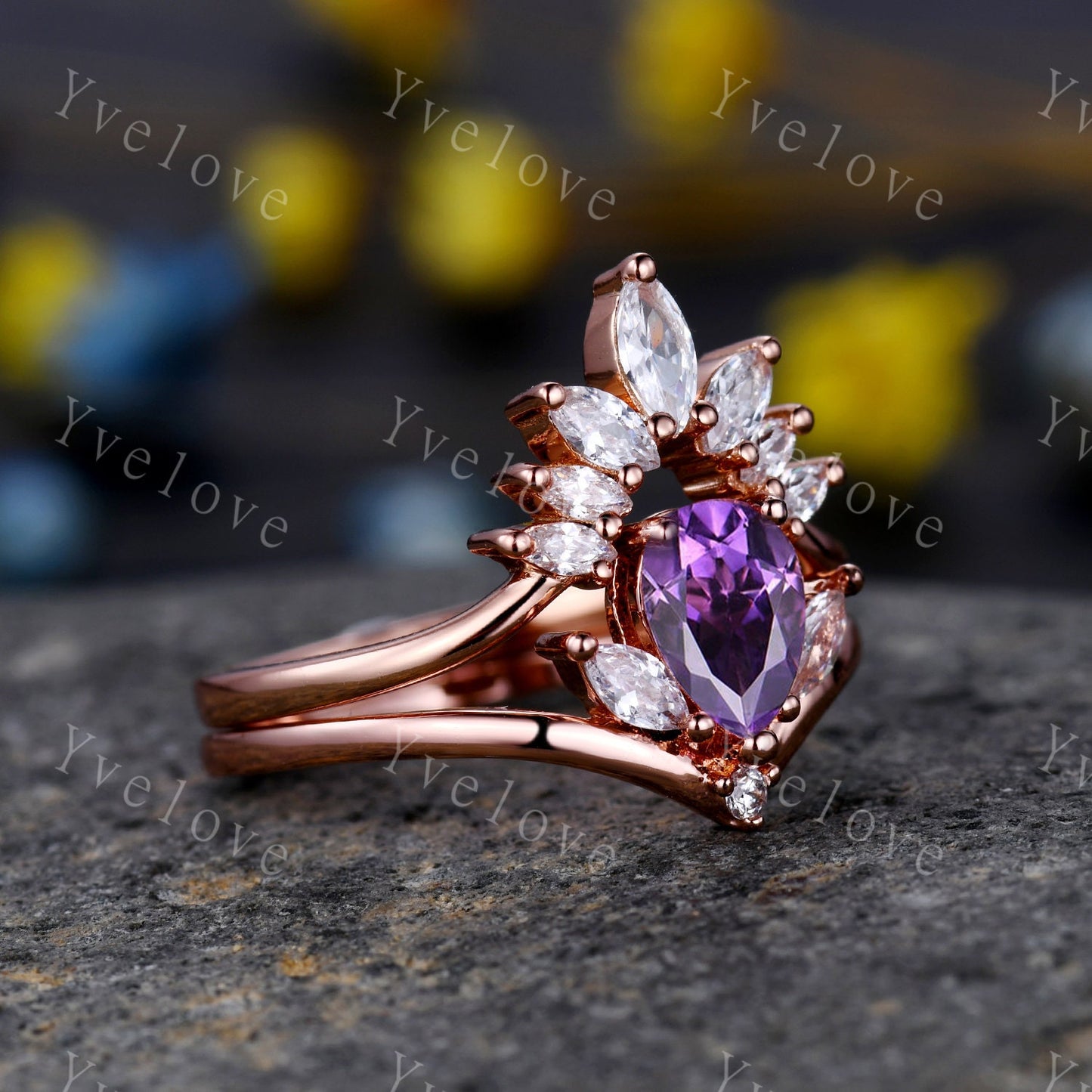 Pear cut amethyst engagement ring set,Purple flora ring,Marquise wedding band,Bridal promise ring set,Promise Gift,February Birthstone