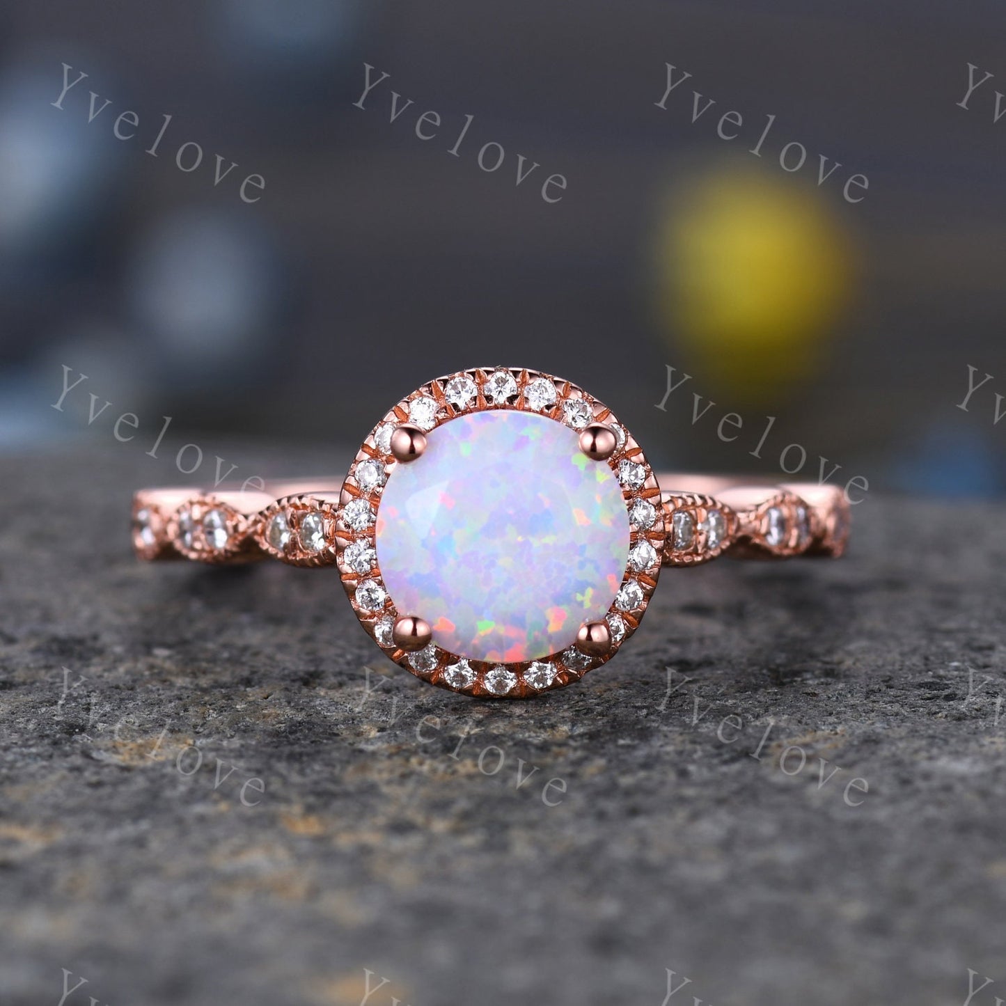 White Fire Opal Engagement Ring  Set Rose Gold Diamond Matching Band halo ring Half eternity milgrain band  Anniversary ring gift for her