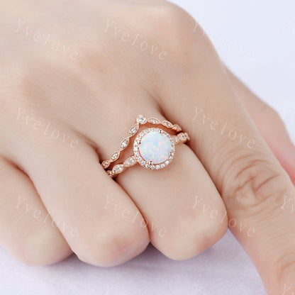 White Fire Opal Engagement Ring  Set Rose Gold Diamond Matching Band halo ring Half eternity milgrain band  Anniversary ring gift for her