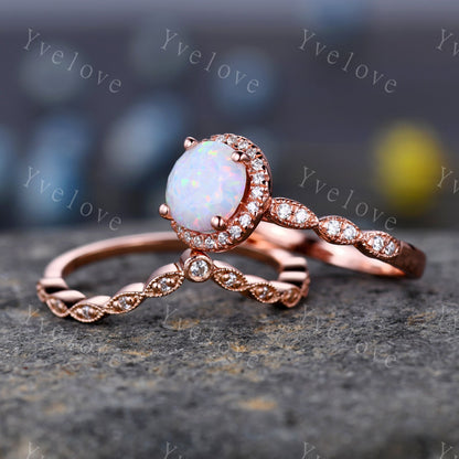 White Fire Opal Engagement Ring  Set Rose Gold Diamond Matching Band halo ring Half eternity milgrain band  Anniversary ring gift for her