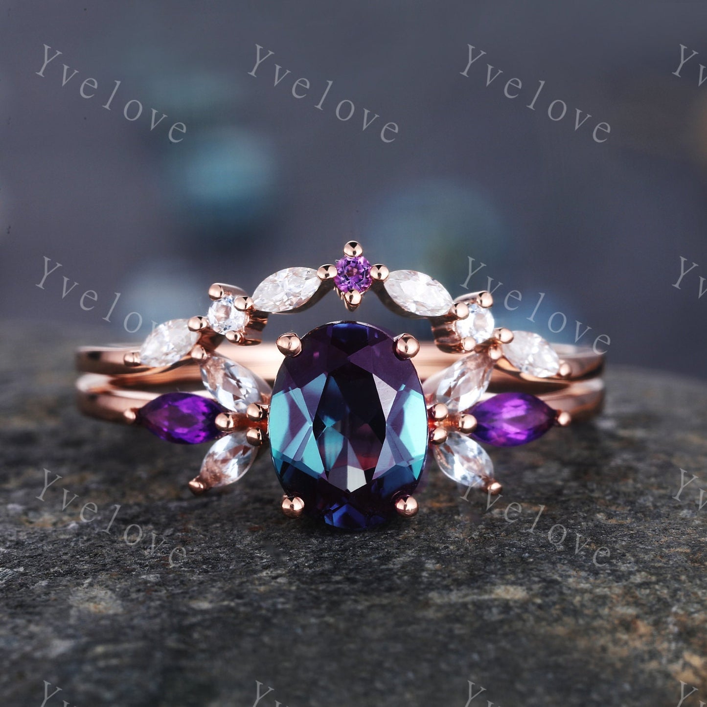 Vintage Alexandrite Engagement Ring Set 14K Rose Gold Women Moissanite Amethyst Gem Matching Band Promise Bridal Stacking Ring Gift for her