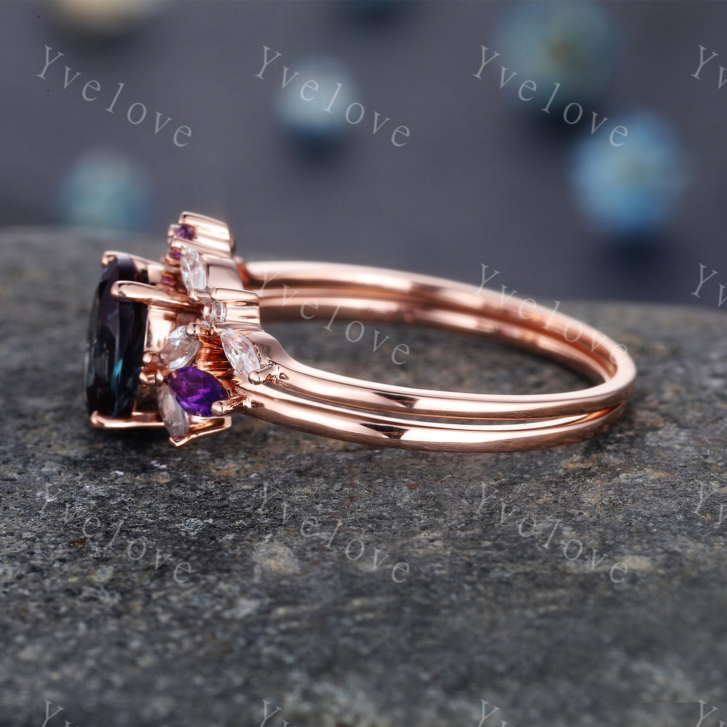 Vintage Alexandrite Engagement Ring Set 14K Rose Gold Women Moissanite Amethyst Gem Matching Band Promise Bridal Stacking Ring Gift for her