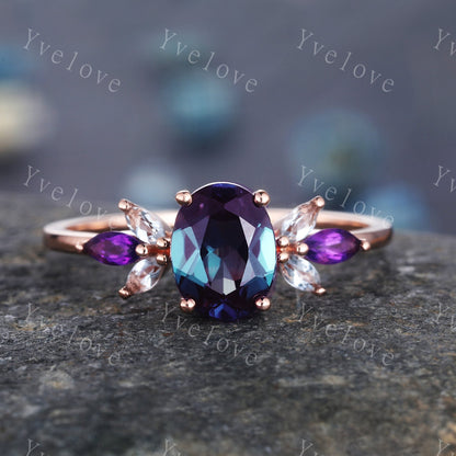 Vintage Alexandrite Engagement Ring Set 14K Rose Gold Women Moissanite Amethyst Gem Matching Band Promise Bridal Stacking Ring Gift for her