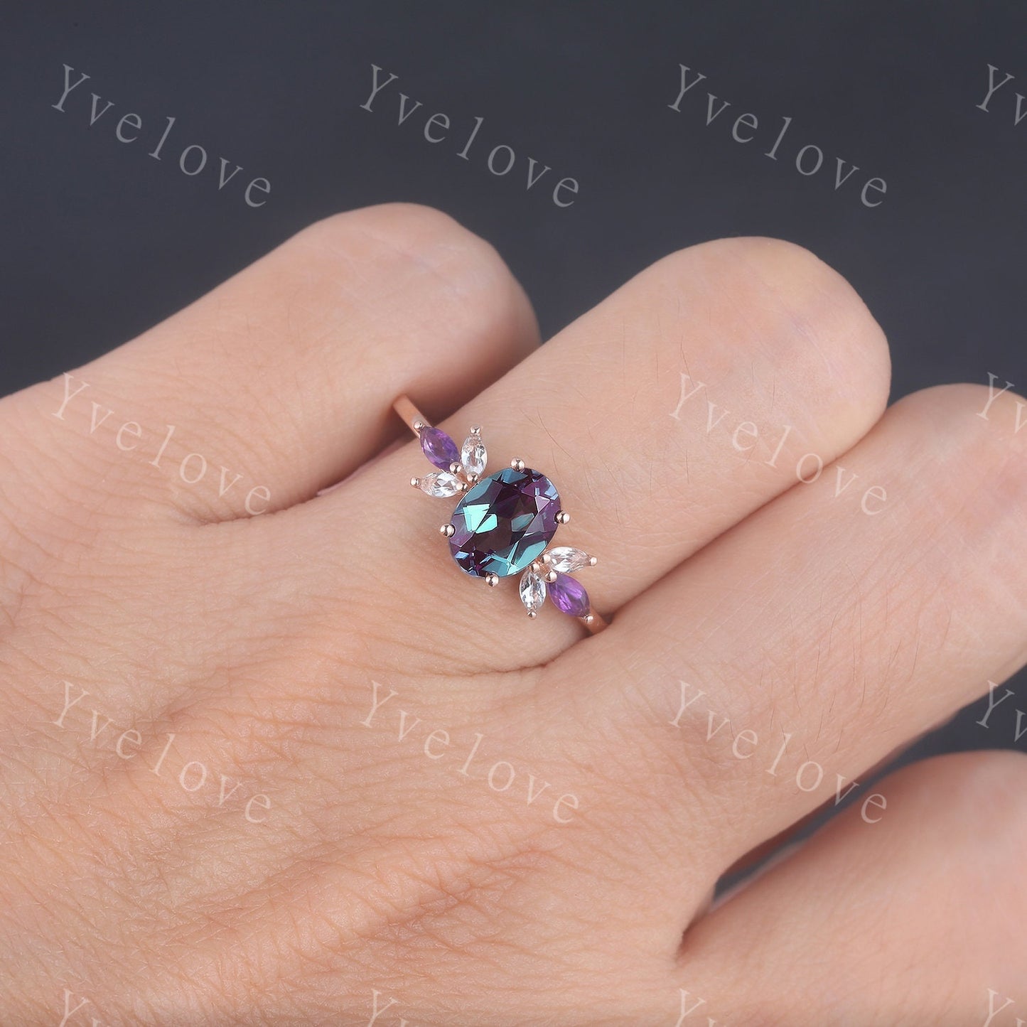 Vintage Alexandrite Engagement Ring Set 14K Rose Gold Women Moissanite Amethyst Gem Matching Band Promise Bridal Stacking Ring Gift for her