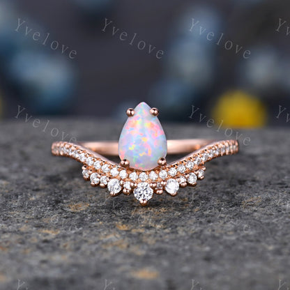 Pear Cut Rose Gold White Opal Engagement Ring Set Wedding Ring Set Marquise stacking wedding band Unique Vintage Bridal Set Anniversary Gift