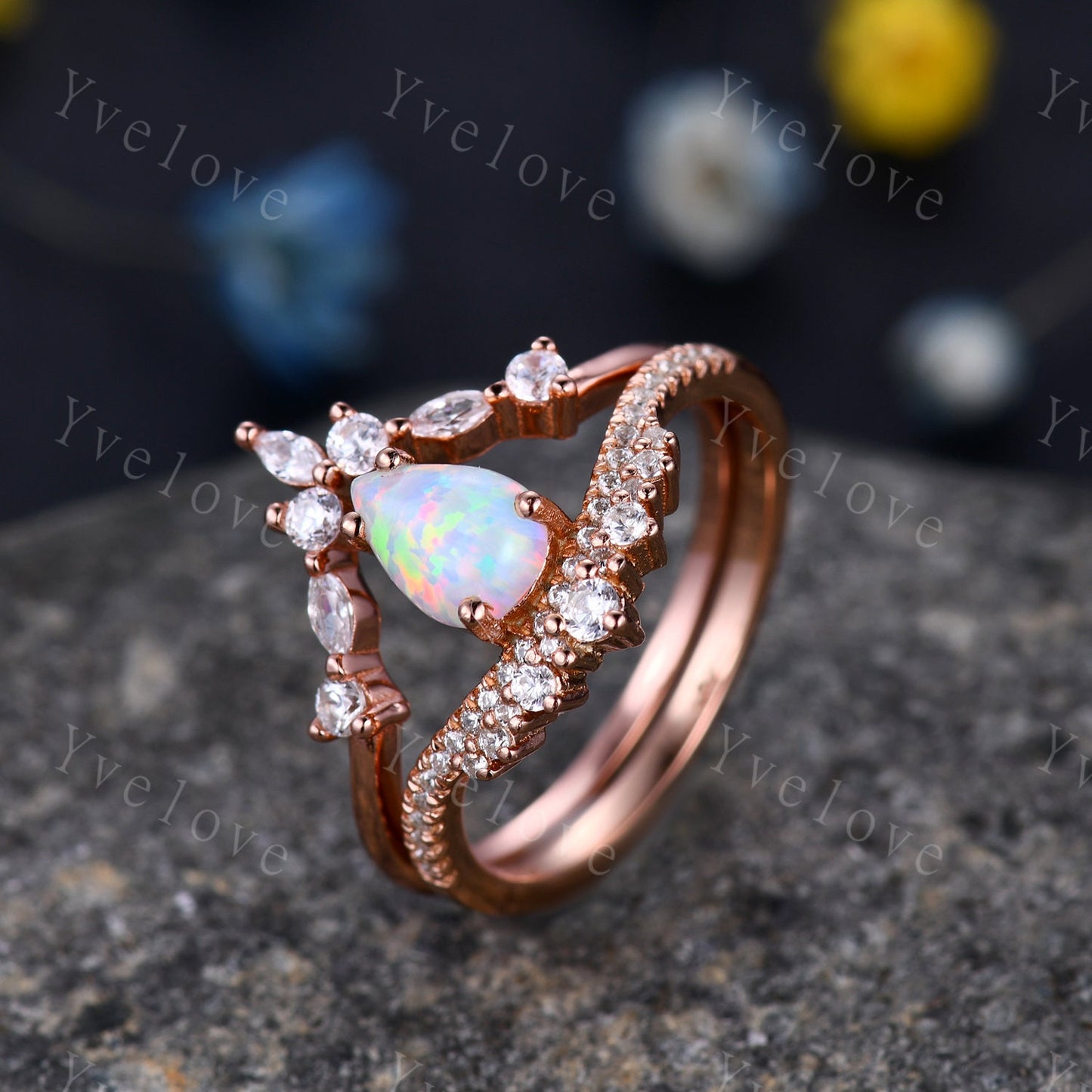 Pear Cut Rose Gold White Opal Engagement Ring Set Wedding Ring Set Marquise stacking wedding band Unique Vintage Bridal Set Anniversary Gift