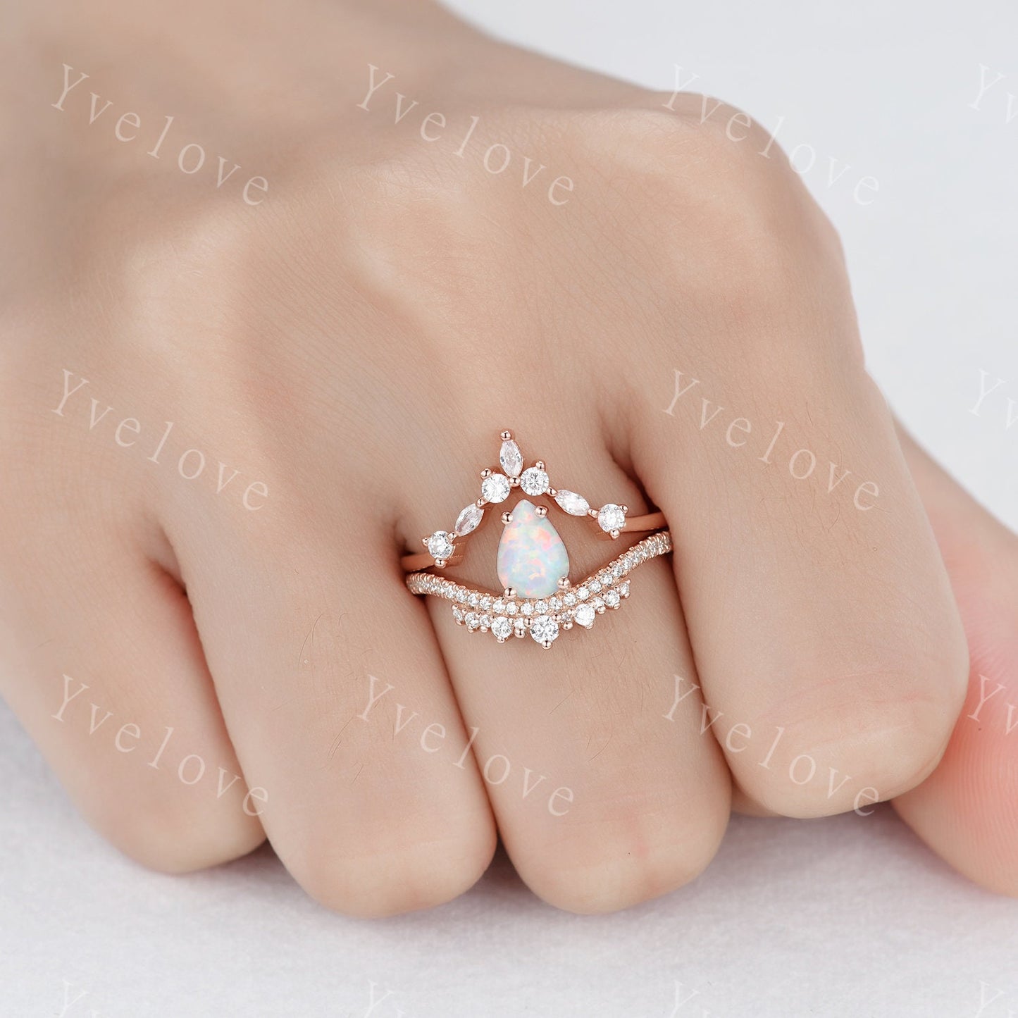 Pear Cut Rose Gold White Opal Engagement Ring Set Wedding Ring Set Marquise stacking wedding band Unique Vintage Bridal Set Anniversary Gift