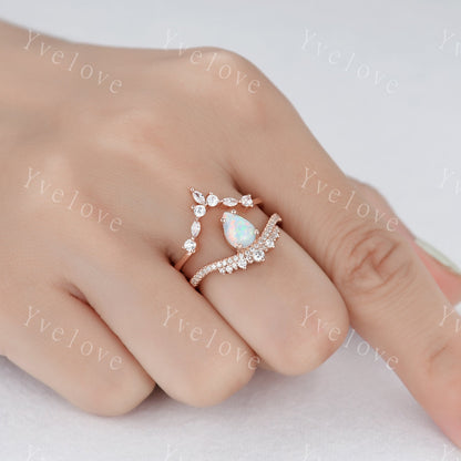 Pear Cut Rose Gold White Opal Engagement Ring Set Wedding Ring Set Marquise stacking wedding band Unique Vintage Bridal Set Anniversary Gift