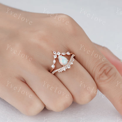 Pear Cut Rose Gold White Opal Engagement Ring Set Wedding Ring Set Marquise stacking wedding band Unique Vintage Bridal Set Anniversary Gift