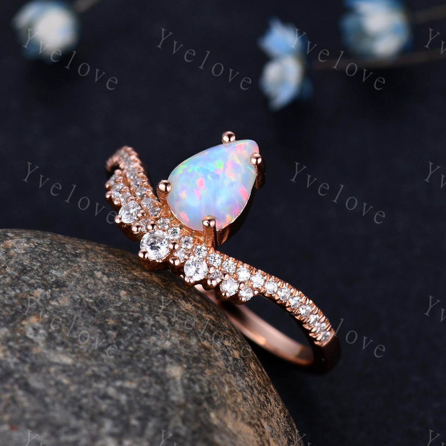 5x7mm Pear Cut White Opal Engagement Ring Fire Opal Ring Wedding Ring  Vintage Opal Ring Bridal Ring Anniversary Ring Women Gift for her