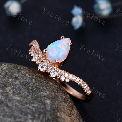 5x7mm Pear Cut White Opal Engagement Ring Fire Opal Ring Wedding Ring  Vintage Opal Ring Bridal Ring Anniversary Ring Women Gift for her