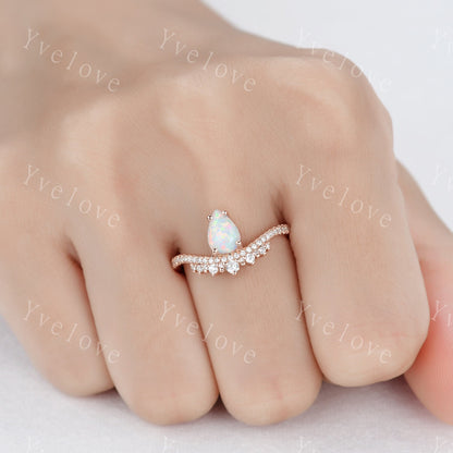 5x7mm Pear Cut White Opal Engagement Ring Fire Opal Ring Wedding Ring  Vintage Opal Ring Bridal Ring Anniversary Ring Women Gift for her