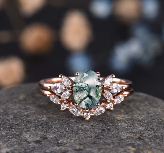 Moss Agate Engagement Ring Set Women Stacking Matching Band Diamond/Moissanite Eternity Ring Unique Vintage Floral Design Promise Gift