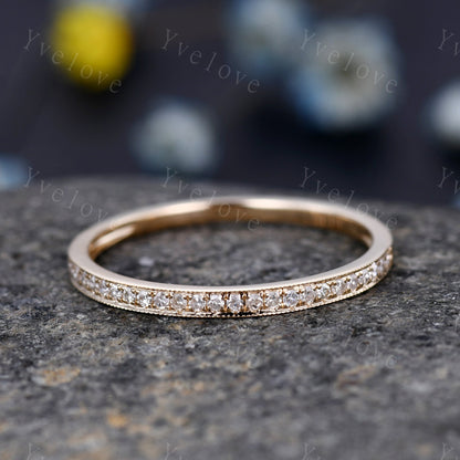 14k yellow gold diamond wedding band half eternity stacking matching band milgrain style pave set natural diamond anniversary ring