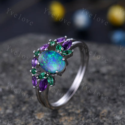 Blue Opal Wedding Ring Set Oval Opal Engagement Ring  Emerald Amethyst Wedding Ring Three Birthstones Family Stone Jewelry Anniversary Gift