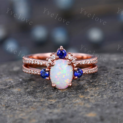 Oval Cut Opal Engagement Ring Set Rose Gold Diamond Blue Sapphire Matching Band Stacking Bridal Wedding Ring Set Birthstone Promise Jewelry