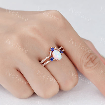 Oval Cut Opal Engagement Ring Set Rose Gold Diamond Blue Sapphire Matching Band Stacking Bridal Wedding Ring Set Birthstone Promise Jewelry