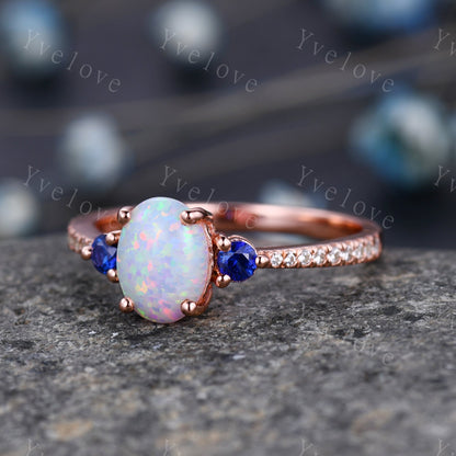 Vintage Oval Opal Engagement Ring Diamond Blue Sapphire Matching Band Stacking Bridal Ring Set Moissanite Enchancer Band Anniversary Gift