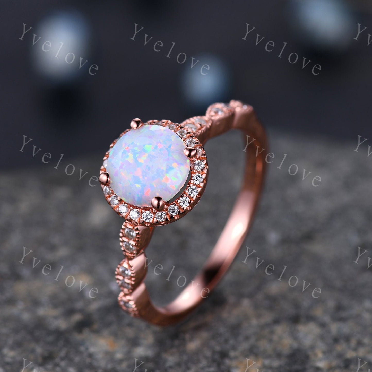 White Fire Opal Engagement Ring  Set Rose Gold Diamond Matching Band halo ring Half eternity milgrain band  Anniversary ring gift for her