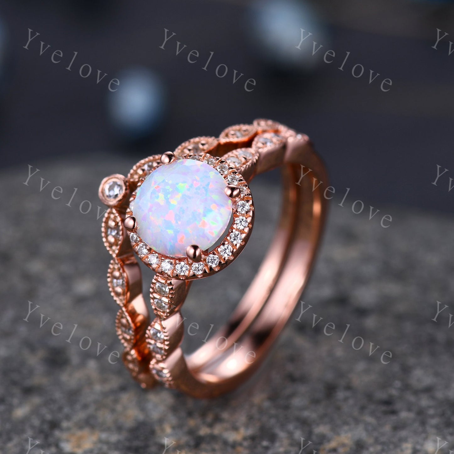 White Fire Opal Engagement Ring  Set Rose Gold Diamond Matching Band halo ring Half eternity milgrain band  Anniversary ring gift for her