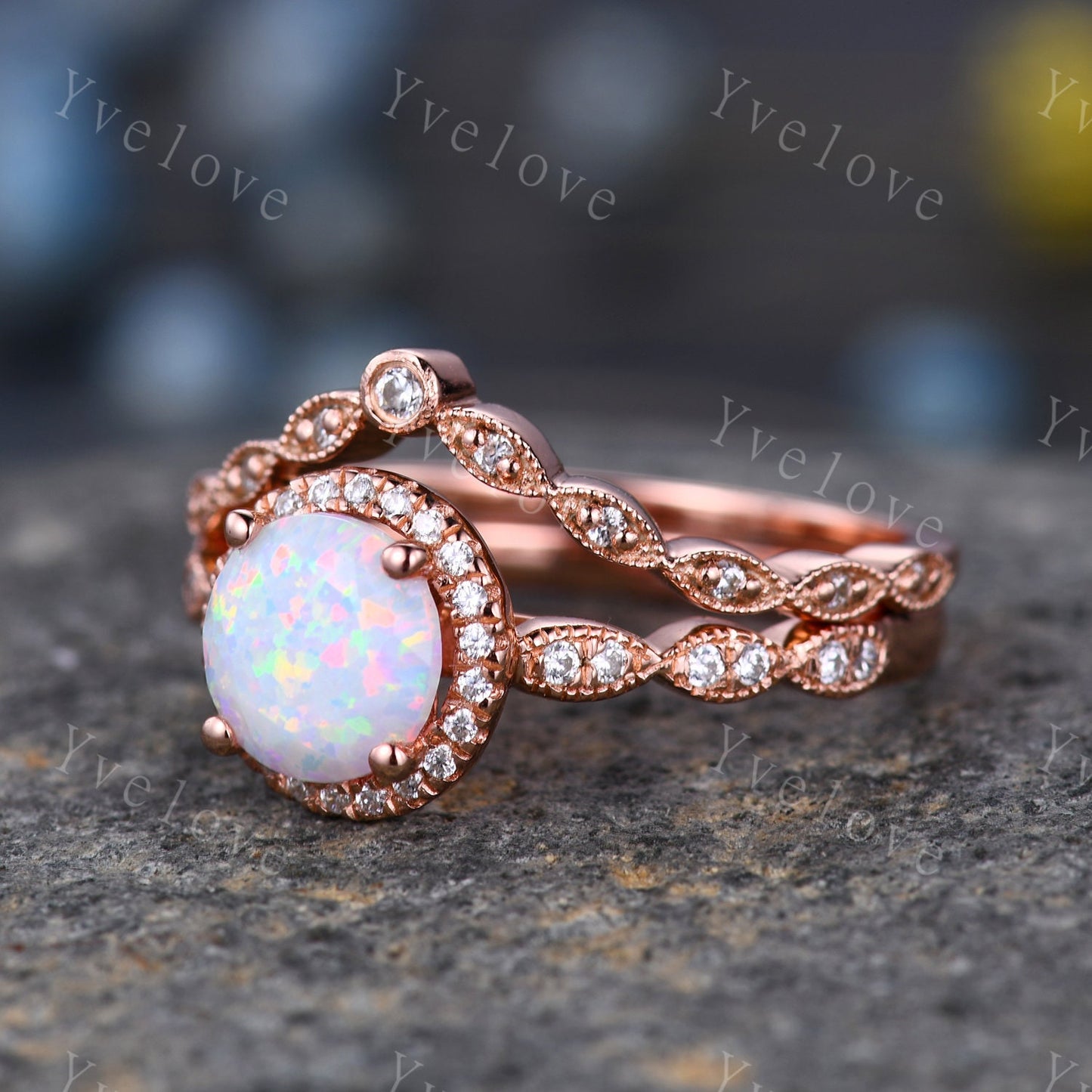 White Fire Opal Engagement Ring  Set Rose Gold Diamond Matching Band halo ring Half eternity milgrain band  Anniversary ring gift for her