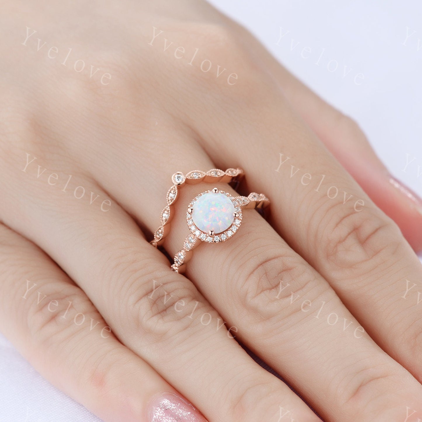 White Fire Opal Engagement Ring  Set Rose Gold Diamond Matching Band halo ring Half eternity milgrain band  Anniversary ring gift for her