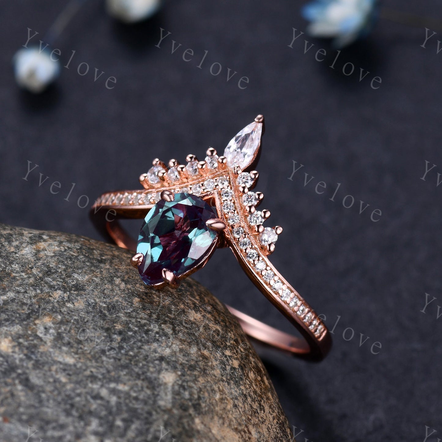 Pear Cut Vintage Alexandrite Engagement Ring Set Atr Deco Rose Gold Women  Matching Band Promise Bridal Stacking Ring Set Gift for her