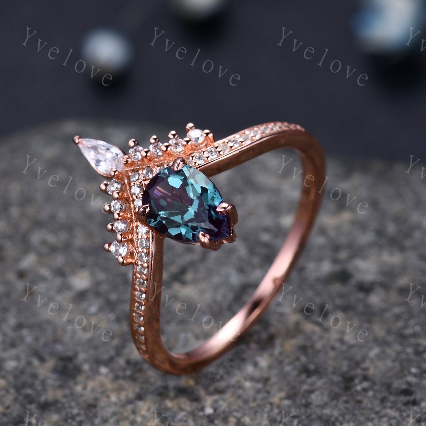 Pear Cut Vintage Alexandrite Engagement Ring Set Atr Deco Rose Gold Women  Matching Band Promise Bridal Stacking Ring Set Gift for her