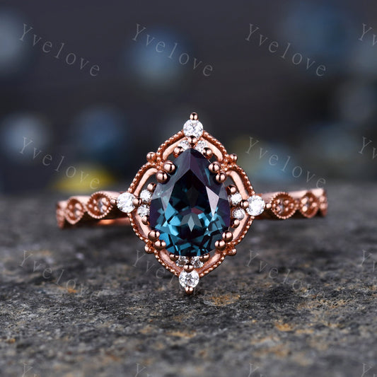 Pear Shaped Rose Gold Ring Vintage Alexandrite Engagement Ring  Milgrain Art Deco Floral Diamond Ring Unique Promise Jewelry Gift For Her