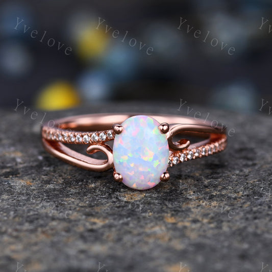 1.5ct Natural Opal Ring 14K  Rose Gold Moissanite Engagement Ring Oval Cut Engagement Ring Unique Band Ring Promise Gift October Birthstone