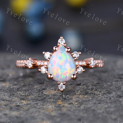 Natural Opal Ring,Pear Opal Engagement Ring , Vintage Opal Bridal Ring,Rose Gold Opal Wedding Ring , Art Deco Moissanite Unique Promise Ring