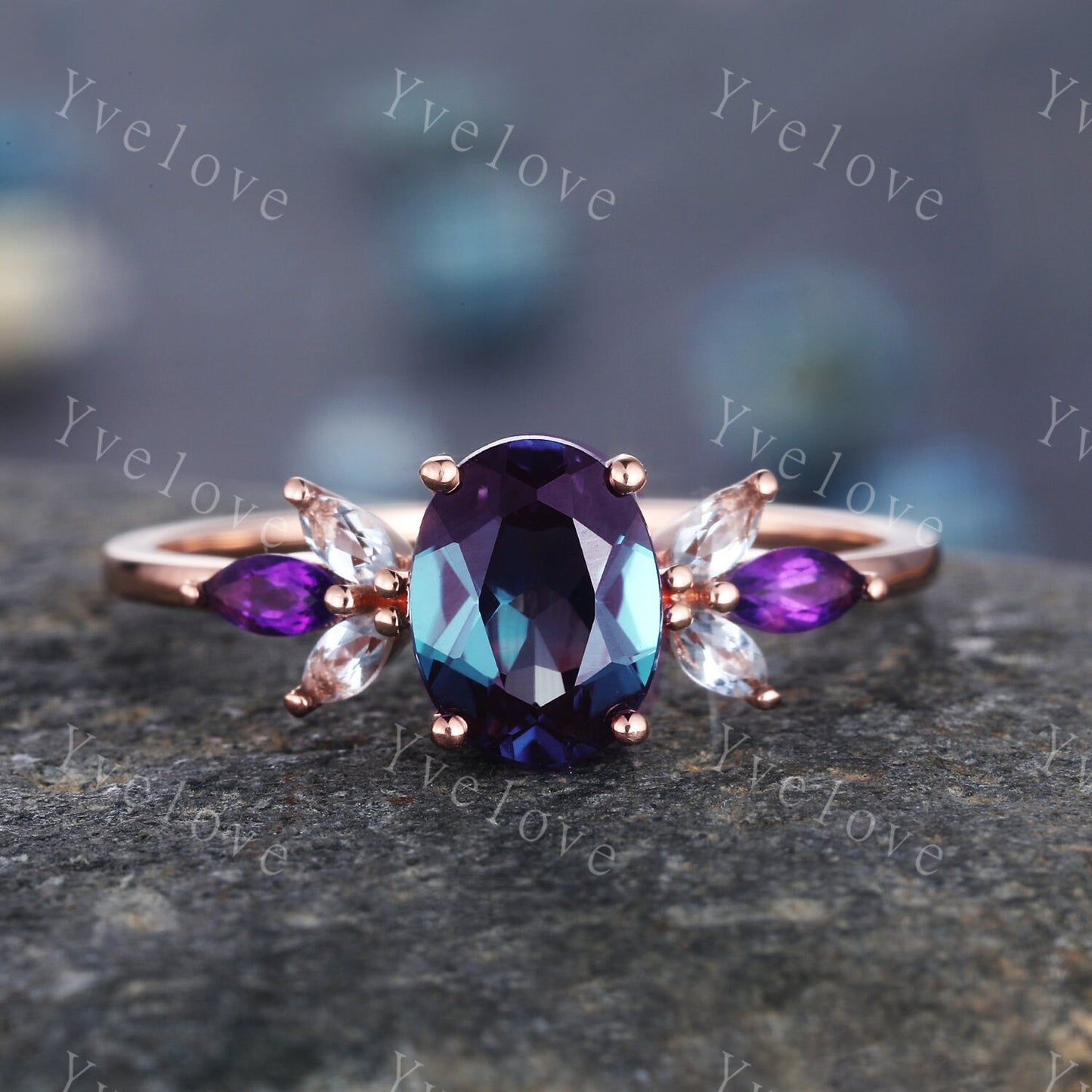 Vintage Alexandrite Engagement Ring Set White Gold Women Moissanite Amethyst Gem Matching Band Promise Bridal Stacking Ring Set Gift for her