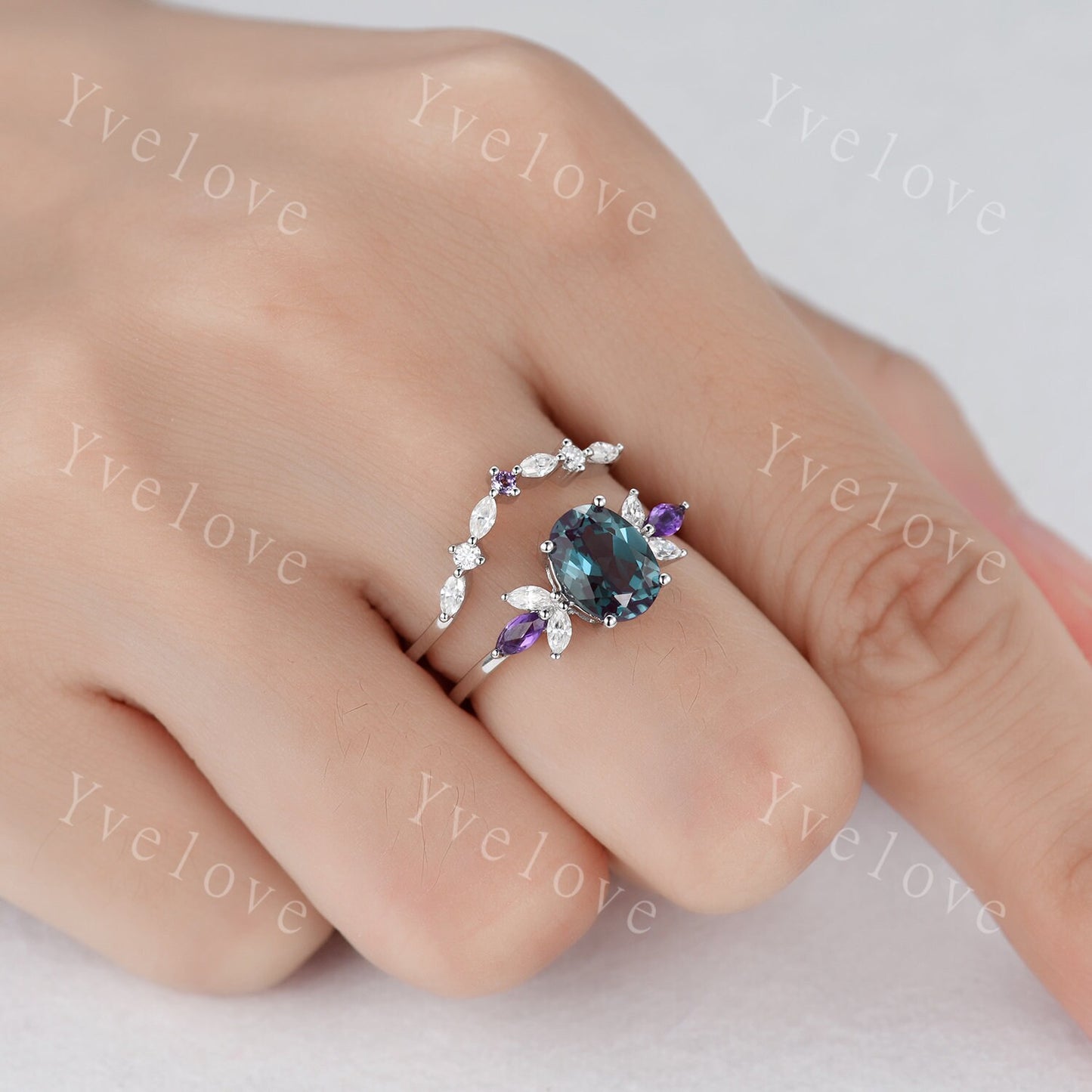 Vintage Alexandrite Engagement Ring Set White Gold Women Moissanite Amethyst Gem Matching Band Promise Bridal Stacking Ring Set Gift for her