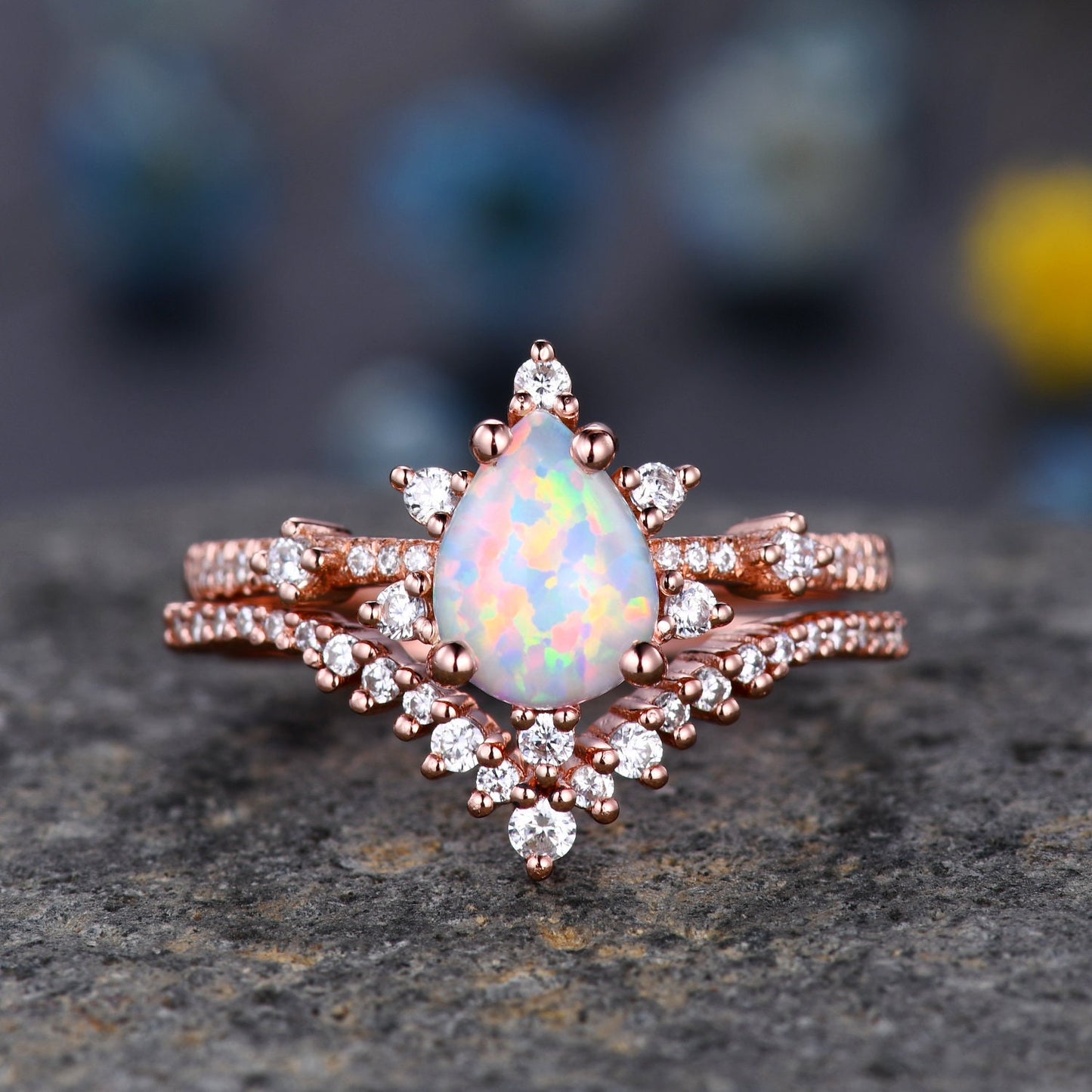 Pear Opal Ring White Fire Opal,Engagement Ring Set,Pear Opal Bridal Set,Moissanite Half Eternity Band,14K White Gold,Opal October Birthstone