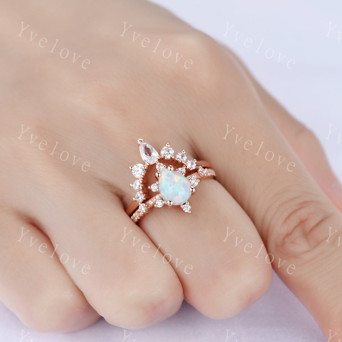 Pear Opal Engagement Ring Set White Fire Opal Bridal Set Moissanite Half Eternity Band 14K Rose Gold  Opal Annivesary  Ring gift for women