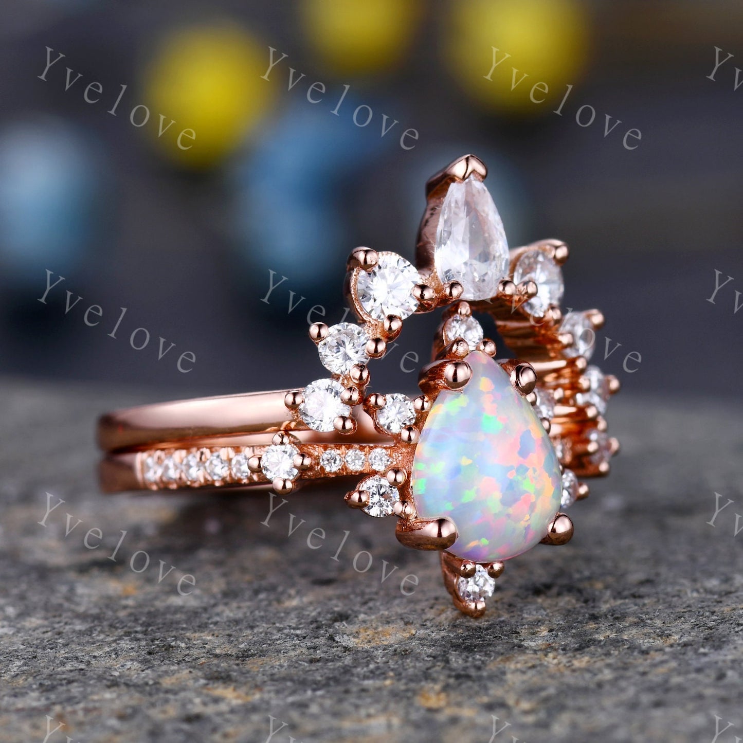 Pear Opal Engagement Ring Set White Fire Opal Bridal Set Moissanite Half Eternity Band 14K Rose Gold  Opal Annivesary  Ring gift for women