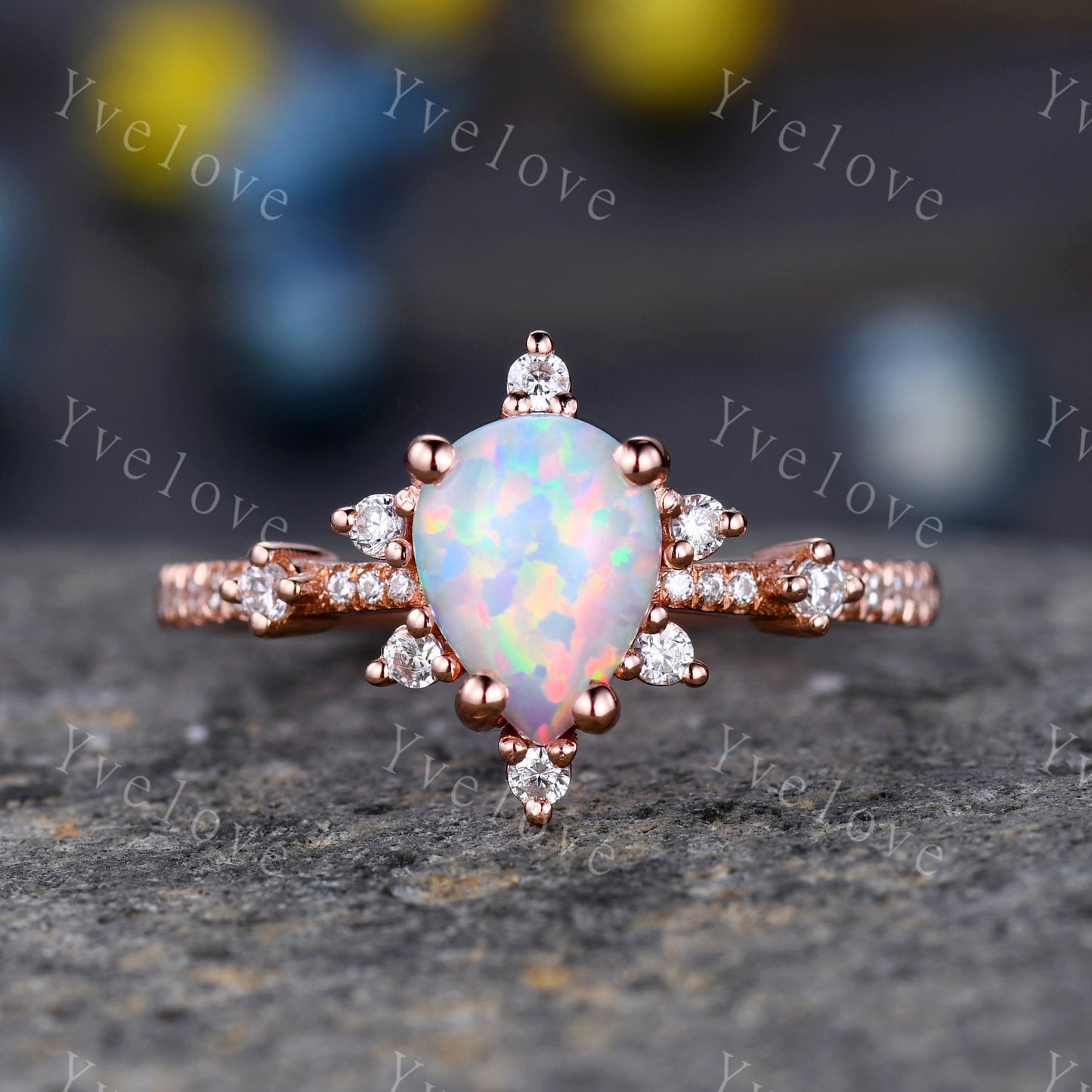 Pear Opal Engagement Ring Set White Fire Opal Bridal Set Moissanite Half Eternity Band 14K Rose Gold  Opal Annivesary  Ring gift for women